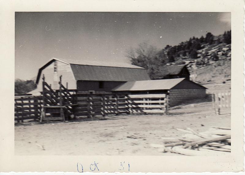 Boncarbo, Colorado 2 October 1951.jpg - This barn in Boncarbo, Colorado was built by Ollie Rose (Lester Turner's maternal grandfather) and Lester Henry Turner (Lester Turner's father) with no electricity or power tools. The old building in the background is the original ranch house that Lester's grandmother, Elizabeth Miller Rose,  turned into a chicken house. You can barely see part of the Spanish Peaks to the left of the barn.